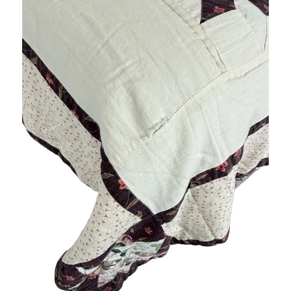 Handmade Patchwork Quilt 100x88 Burgundy Cream Floral Pinwheel Cottage Queen